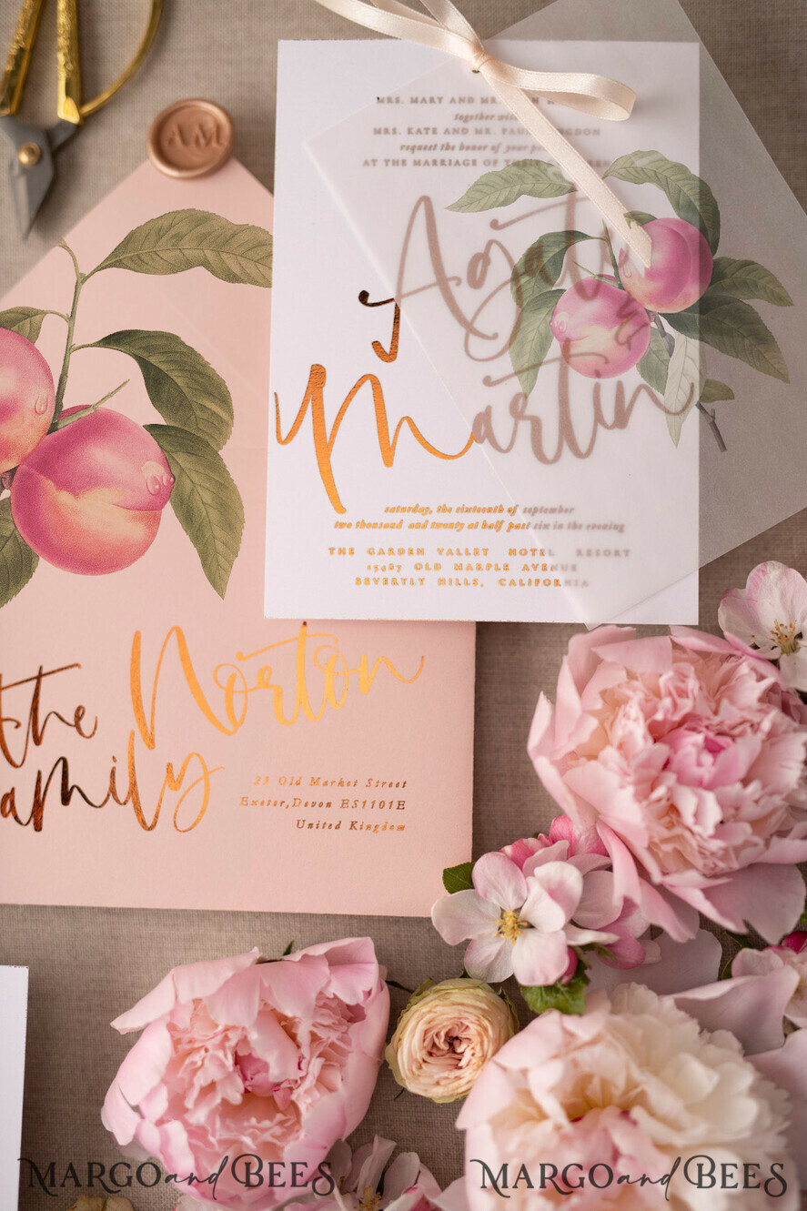 WEDDING INVITATIONS gold / rose gold / silver / glitter Glamour Gold Foil Wedding Invitations, Elegant Peach Wedding Invites, Bespoke Vellum Wedding Cards With Bow, Luxury Modern Wedding Stationery