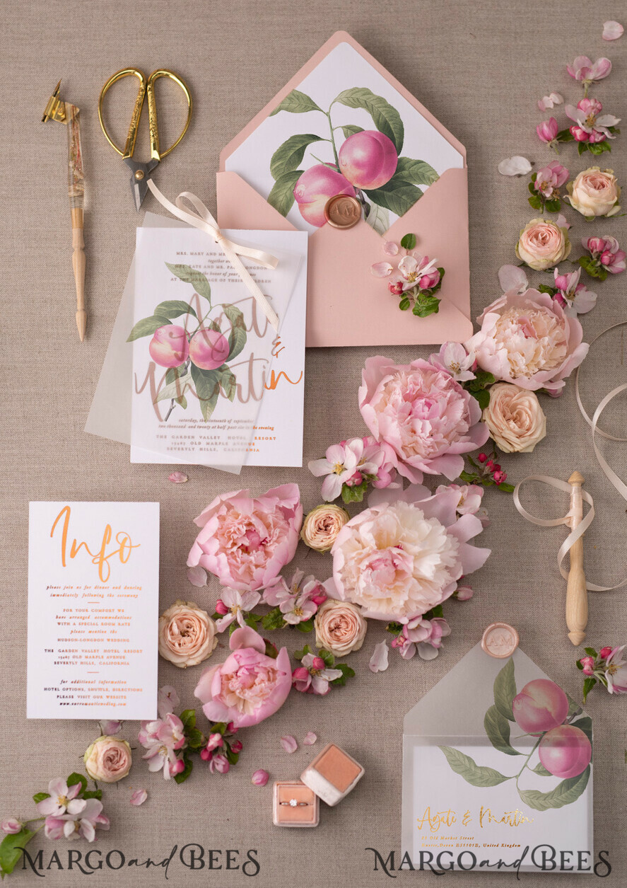 WEDDING INVITATIONS gold / rose gold / silver / glitter Glamour Gold Foil Wedding Invitations, Elegant Peach Wedding Invites, Bespoke Vellum Wedding Cards With Bow, Luxury Modern Wedding Stationery