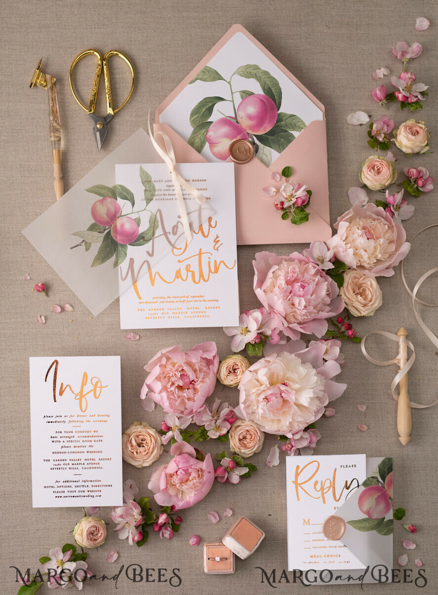 WEDDING INVITATIONS gold / rose gold / silver / glitter Glamour Gold Foil Wedding Invitations, Elegant Peach Wedding Invites, Bespoke Vellum Wedding Cards With Bow, Luxury Modern Wedding Stationery