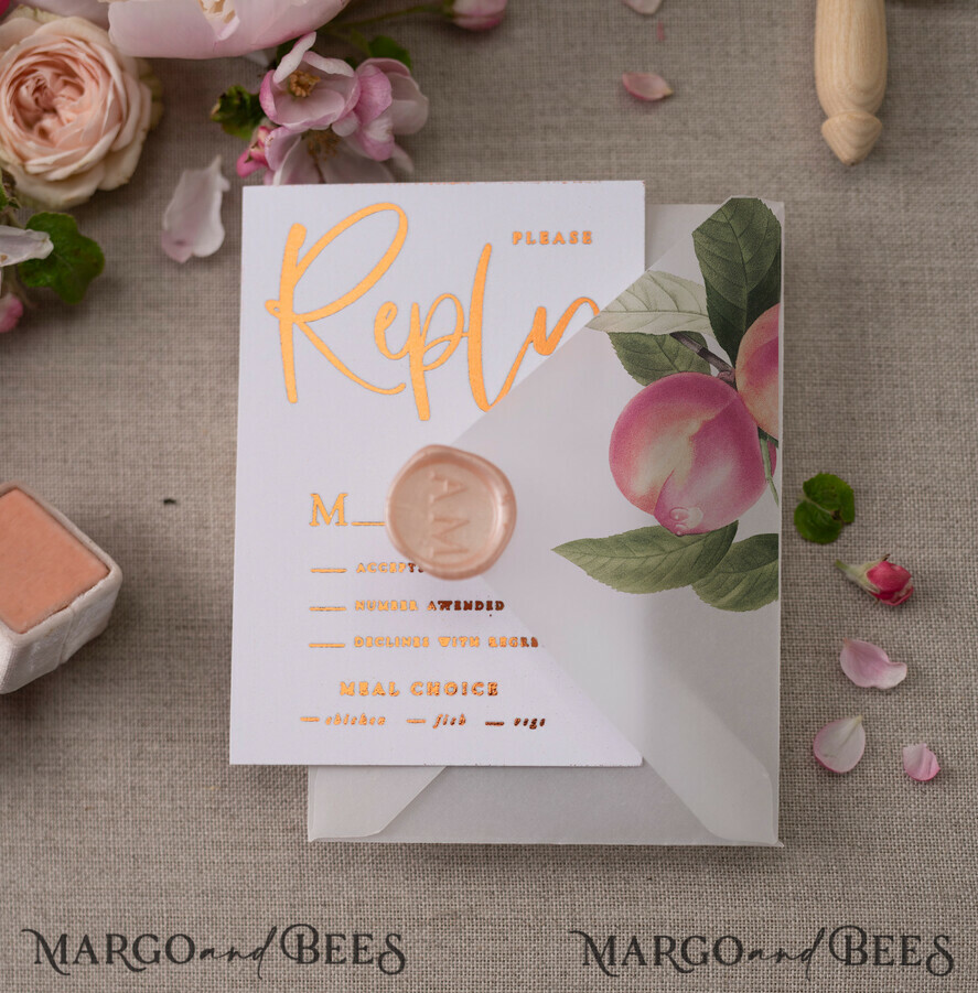WEDDING INVITATIONS gold / rose gold / silver / glitter Glamour Gold Foil Wedding Invitations, Elegant Peach Wedding Invites, Bespoke Vellum Wedding Cards With Bow, Luxury Modern Wedding Stationery
