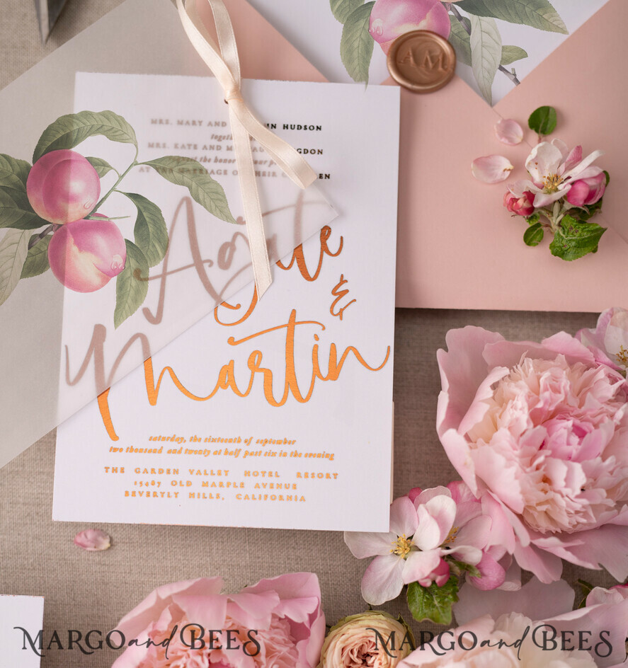 WEDDING INVITATIONS gold / rose gold / silver / glitter Glamour Gold Foil Wedding Invitations, Elegant Peach Wedding Invites, Bespoke Vellum Wedding Cards With Bow, Luxury Modern Wedding Stationery