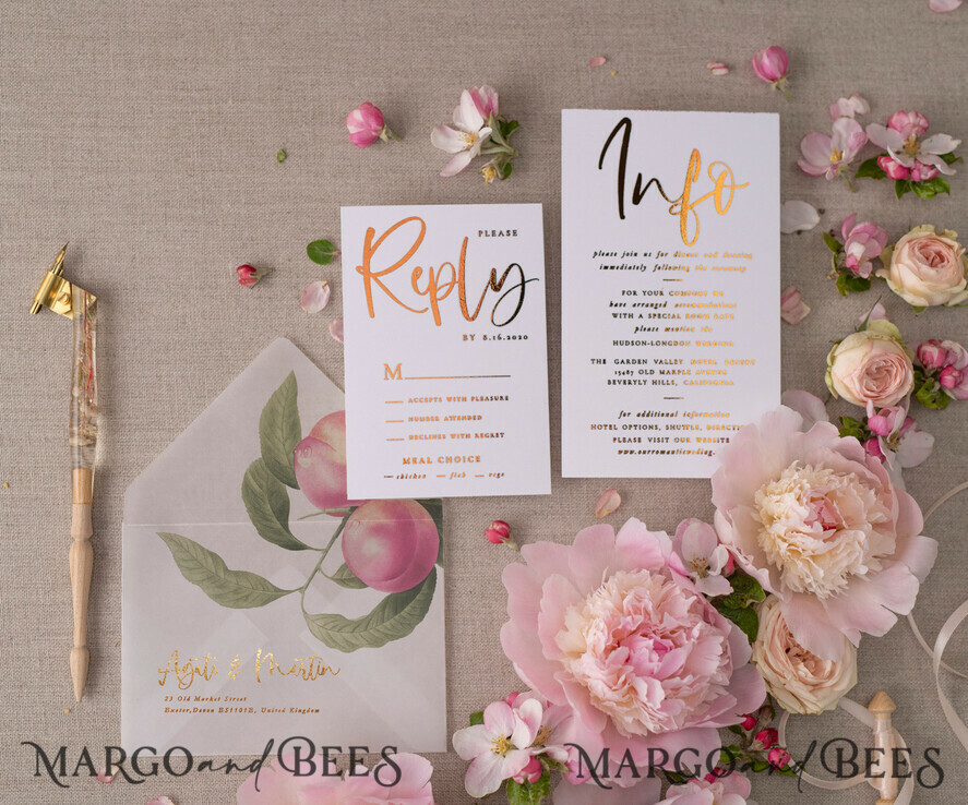 WEDDING INVITATIONS gold / rose gold / silver / glitter Glamour Gold Foil Wedding Invitations, Elegant Peach Wedding Invites, Bespoke Vellum Wedding Cards With Bow, Luxury Modern Wedding Stationery