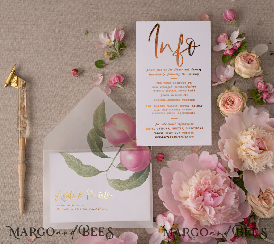 WEDDING INVITATIONS gold / rose gold / silver / glitter Glamour Gold Foil Wedding Invitations, Elegant Peach Wedding Invites, Bespoke Vellum Wedding Cards With Bow, Luxury Modern Wedding Stationery