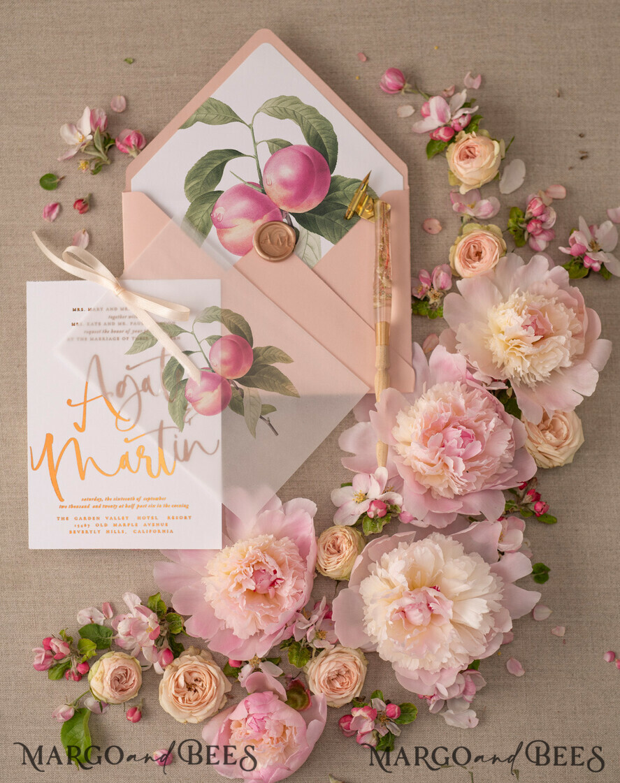 WEDDING INVITATIONS gold / rose gold / silver / glitter Glamour Gold Foil Wedding Invitations, Elegant Peach Wedding Invites, Bespoke Vellum Wedding Cards With Bow, Luxury Modern Wedding Stationery