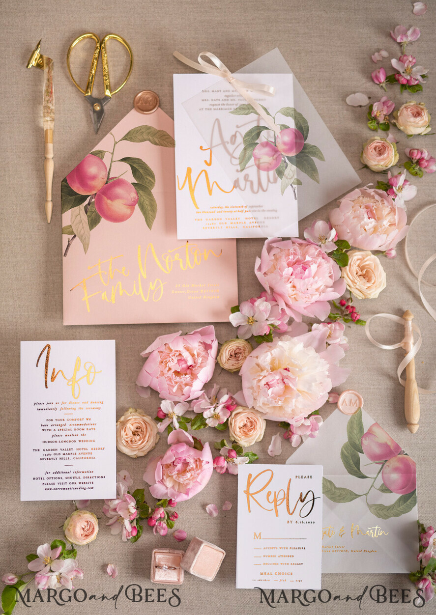 WEDDING INVITATIONS gold / rose gold / silver / glitter Glamour Gold Foil Wedding Invitations, Elegant Peach Wedding Invites, Bespoke Vellum Wedding Cards With Bow, Luxury Modern Wedding Stationery