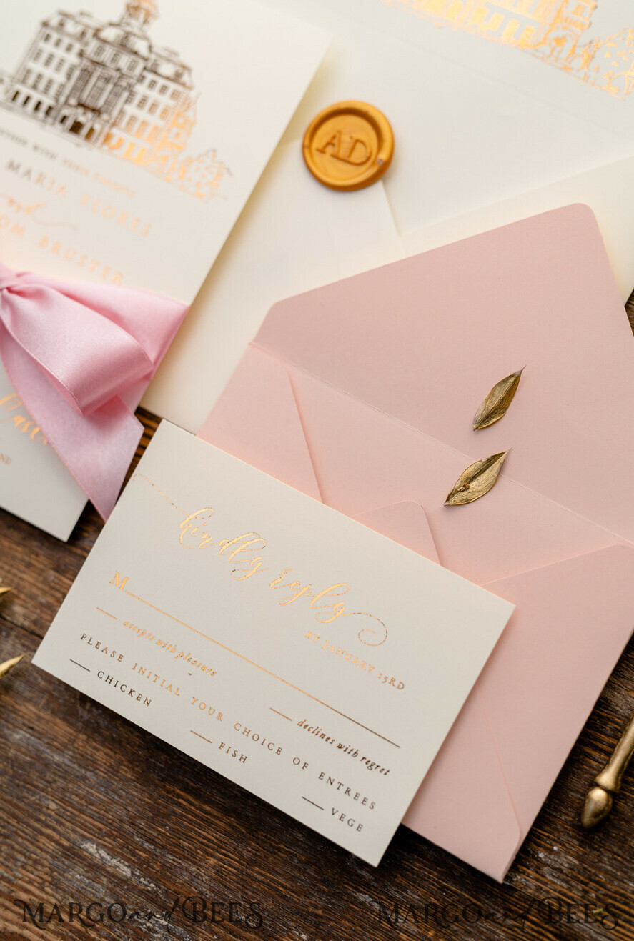 WEDDING INVITATIONS gold / rose gold / silver / glitter Luxury Gold Foil Wedding Invitations, Elegant Customized Venue Sketch Wedding Invites, Glamour Golden Shine Wedding Cards, Minimalistic Blush Pink Wedding Invitation Suite