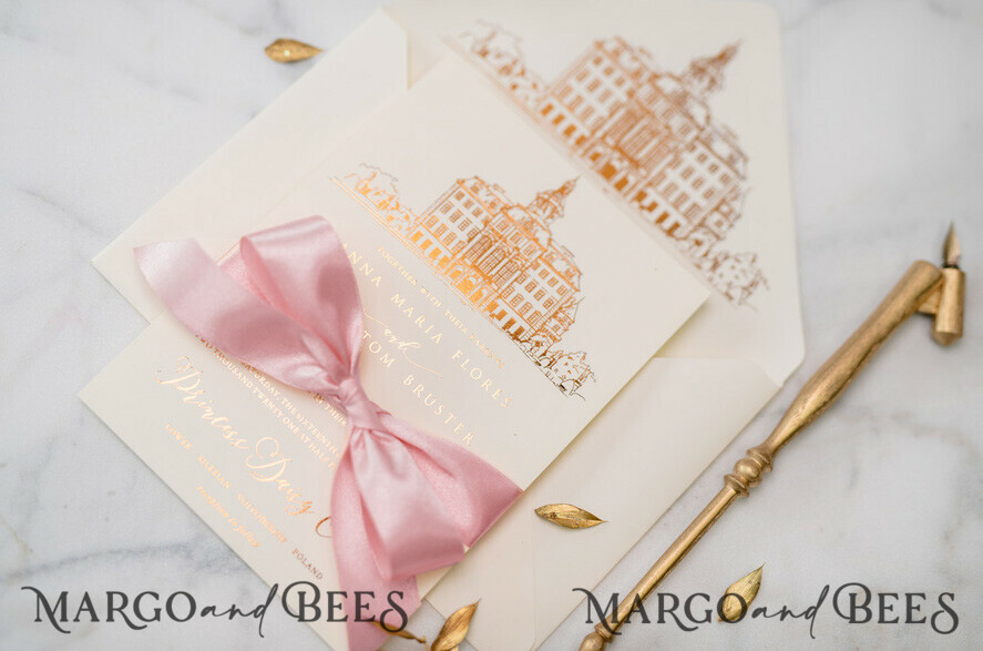 WEDDING INVITATIONS gold / rose gold / silver / glitter Luxury Gold Foil Wedding Invitations, Elegant Customized Venue Sketch Wedding Invites, Glamour Golden Shine Wedding Cards, Minimalistic Blush Pink Wedding Invitation Suite