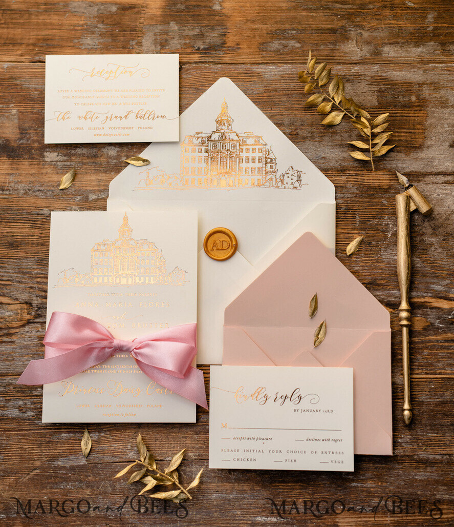 WEDDING INVITATIONS gold / rose gold / silver / glitter Luxury Gold Foil Wedding Invitations, Elegant Customized Venue Sketch Wedding Invites, Glamour Golden Shine Wedding Cards, Minimalistic Blush Pink Wedding Invitation Suite