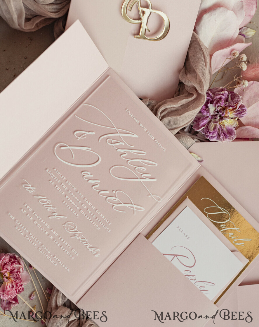 WEDDING INVITATIONS gold / rose gold / silver / glitter Luxury Mirror gold Wedding Invitations, Elegant Blush Pink Wedding Cards, Glamour Acrylic Wedding Invites, Clear Plexi Wedding Invitation Suite
