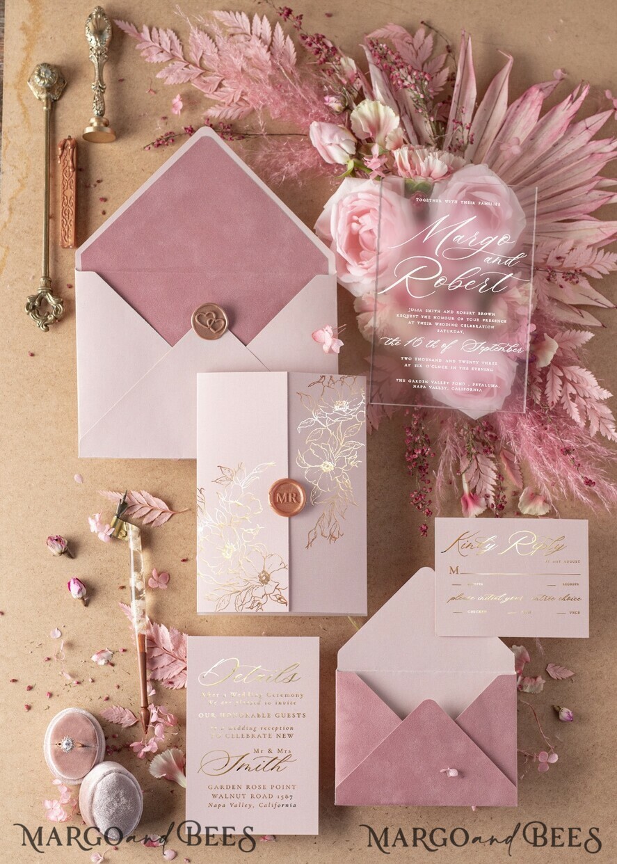 WEDDING INVITATIONS gold / rose gold / silver / glitter Luxury Velvet Wedding Invitations, Elegant Plexi Acrylic Wedding Invites, Glamour Blush Pink Wedding Cards, Golden Shine Wedding Invitation Suite