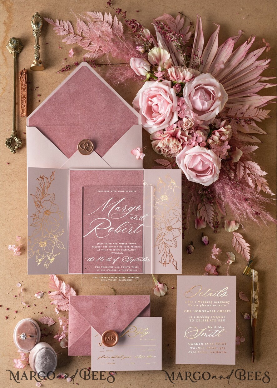 WEDDING INVITATIONS gold / rose gold / silver / glitter Luxury Velvet Wedding Invitations, Elegant Plexi Acrylic Wedding Invites, Glamour Blush Pink Wedding Cards, Golden Shine Wedding Invitation Suite