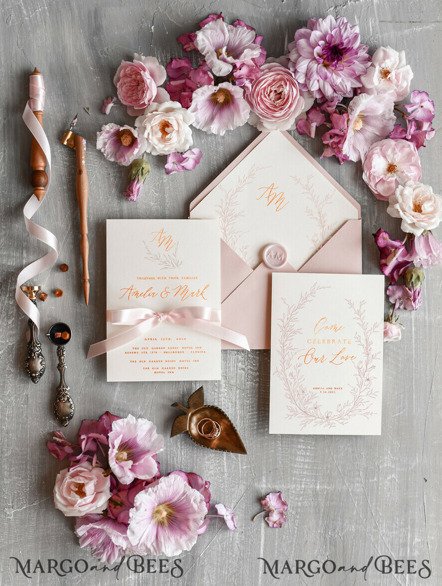 WEDDING INVITATIONS gold / rose gold / silver / glitter Minimalistic Blush Pink Wedding Invitations, Glamour Gold Foil Wedding Invites, Luxury Golden Shine Wedding Cards, Romantic Floral Wedding Invitation Suite