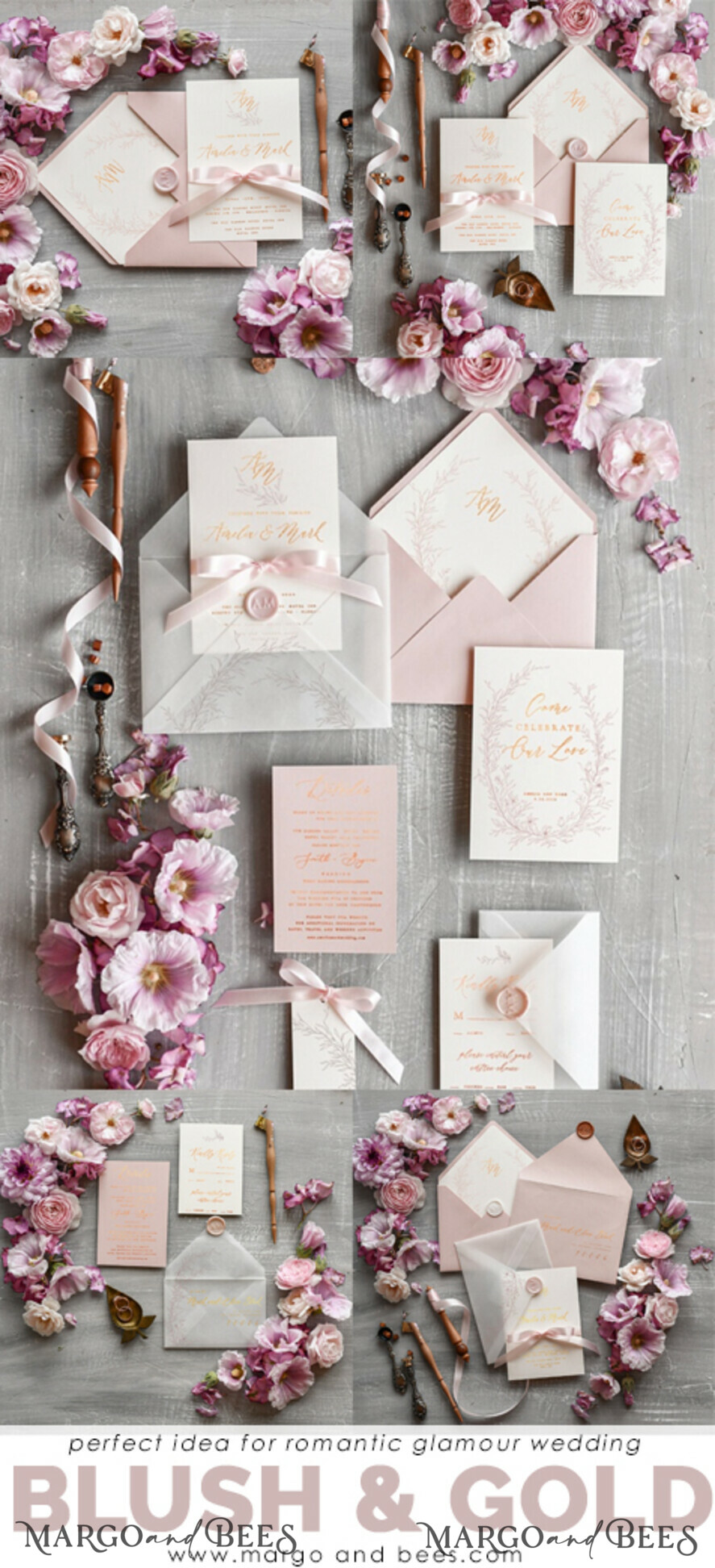 WEDDING INVITATIONS gold / rose gold / silver / glitter Minimalistic Blush Pink Wedding Invitations, Glamour Gold Foil Wedding Invites, Luxury Golden Shine Wedding Cards, Romantic Floral Wedding Invitation Suite