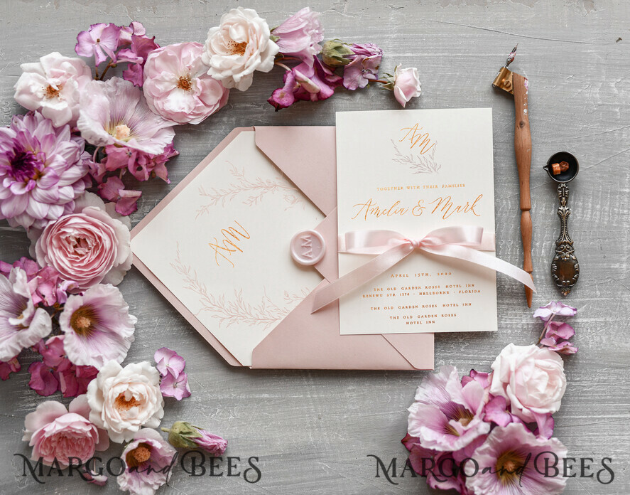 WEDDING INVITATIONS gold / rose gold / silver / glitter Minimalistic Blush Pink Wedding Invitations, Glamour Gold Foil Wedding Invites, Luxury Golden Shine Wedding Cards, Romantic Floral Wedding Invitation Suite