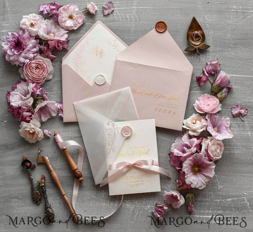 WEDDING INVITATIONS gold / rose gold / silver / glitter Minimalistic Blush Pink Wedding Invitations, Glamour Gold Foil Wedding Invites, Luxury Golden Shine Wedding Cards, Romantic Floral Wedding Invitation Suite
