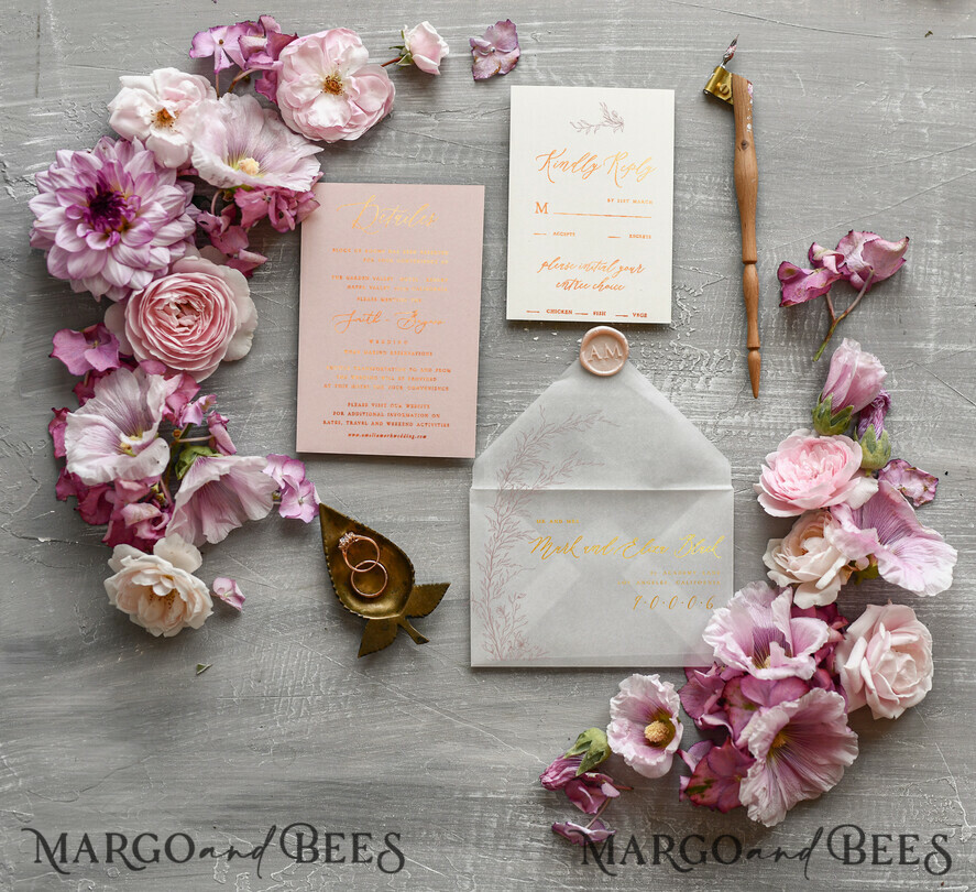 WEDDING INVITATIONS gold / rose gold / silver / glitter Minimalistic Blush Pink Wedding Invitations, Glamour Gold Foil Wedding Invites, Luxury Golden Shine Wedding Cards, Romantic Floral Wedding Invitation Suite