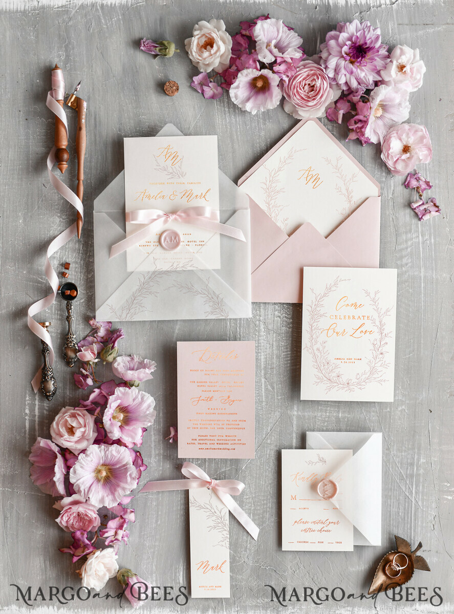 WEDDING INVITATIONS gold / rose gold / silver / glitter Minimalistic Blush Pink Wedding Invitations, Glamour Gold Foil Wedding Invites, Luxury Golden Shine Wedding Cards, Romantic Floral Wedding Invitation Suite