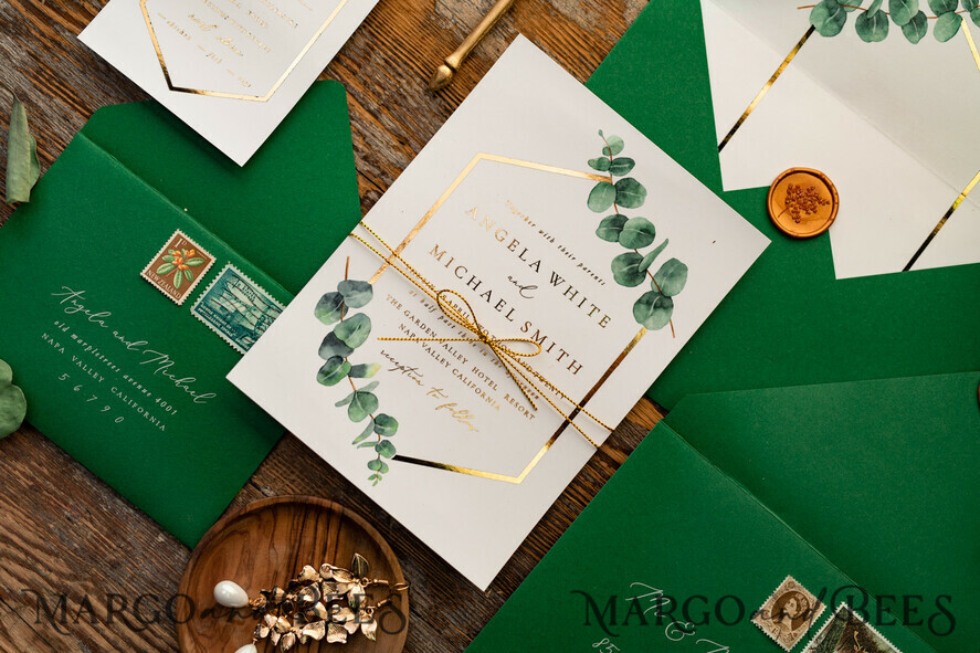WEDDING INVITATIONS gold / rose gold / silver / glitter Elegant Eucalyptus Wedding Invitations, Glamour Golden Wedding Cards, Bespoke Greenery Gold Wedding Invites, Minimalistic Wedding Invitation Suite