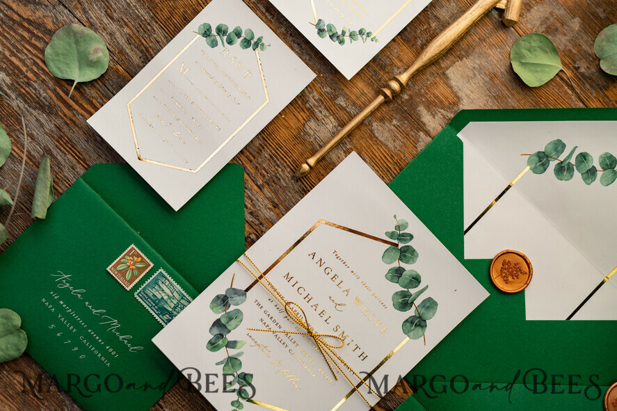 WEDDING INVITATIONS gold / rose gold / silver / glitter Elegant Eucalyptus Wedding Invitations, Glamour Golden Wedding Cards, Bespoke Greenery Gold Wedding Invites, Minimalistic Wedding Invitation Suite