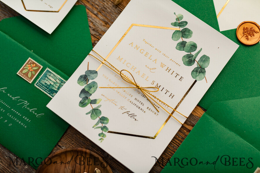 WEDDING INVITATIONS gold / rose gold / silver / glitter Elegant Eucalyptus Wedding Invitations, Glamour Golden Wedding Cards, Bespoke Greenery Gold Wedding Invites, Minimalistic Wedding Invitation Suite