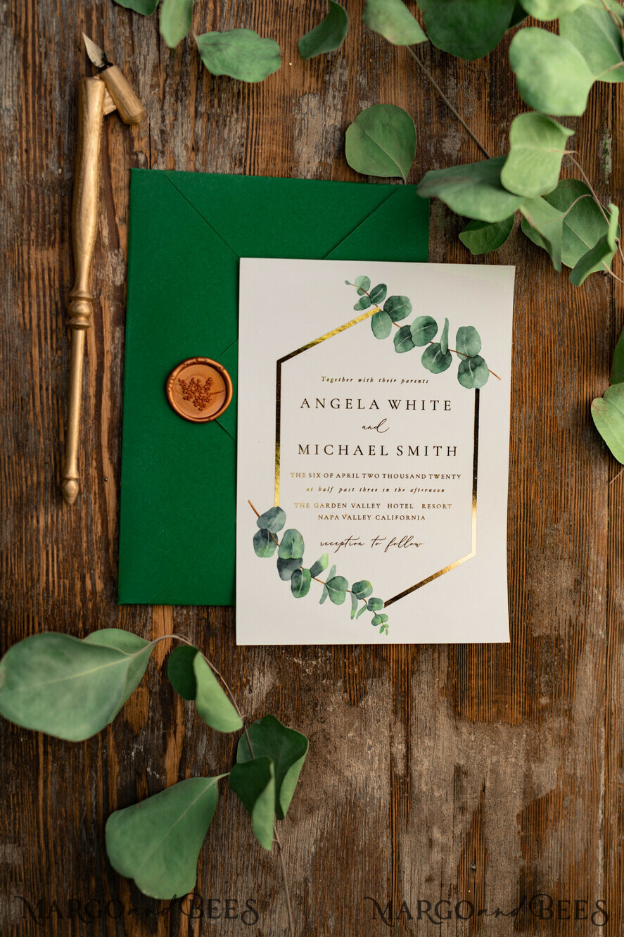 WEDDING INVITATIONS gold / rose gold / silver / glitter Elegant Eucalyptus Wedding Invitations, Glamour Golden Wedding Cards, Bespoke Greenery Gold Wedding Invites, Minimalistic Wedding Invitation Suite
