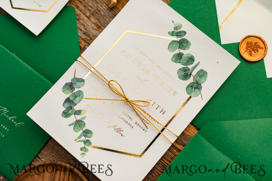WEDDING INVITATIONS gold / rose gold / silver / glitter Elegant Eucalyptus Wedding Invitations, Glamour Golden Wedding Cards, Bespoke Greenery Gold Wedding Invites, Minimalistic Wedding Invitation Suite