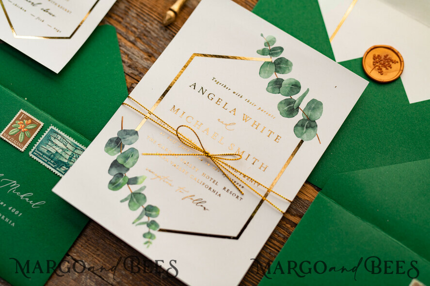 WEDDING INVITATIONS gold / rose gold / silver / glitter Elegant Eucalyptus Wedding Invitations, Glamour Golden Wedding Cards, Bespoke Greenery Gold Wedding Invites, Minimalistic Wedding Invitation Suite