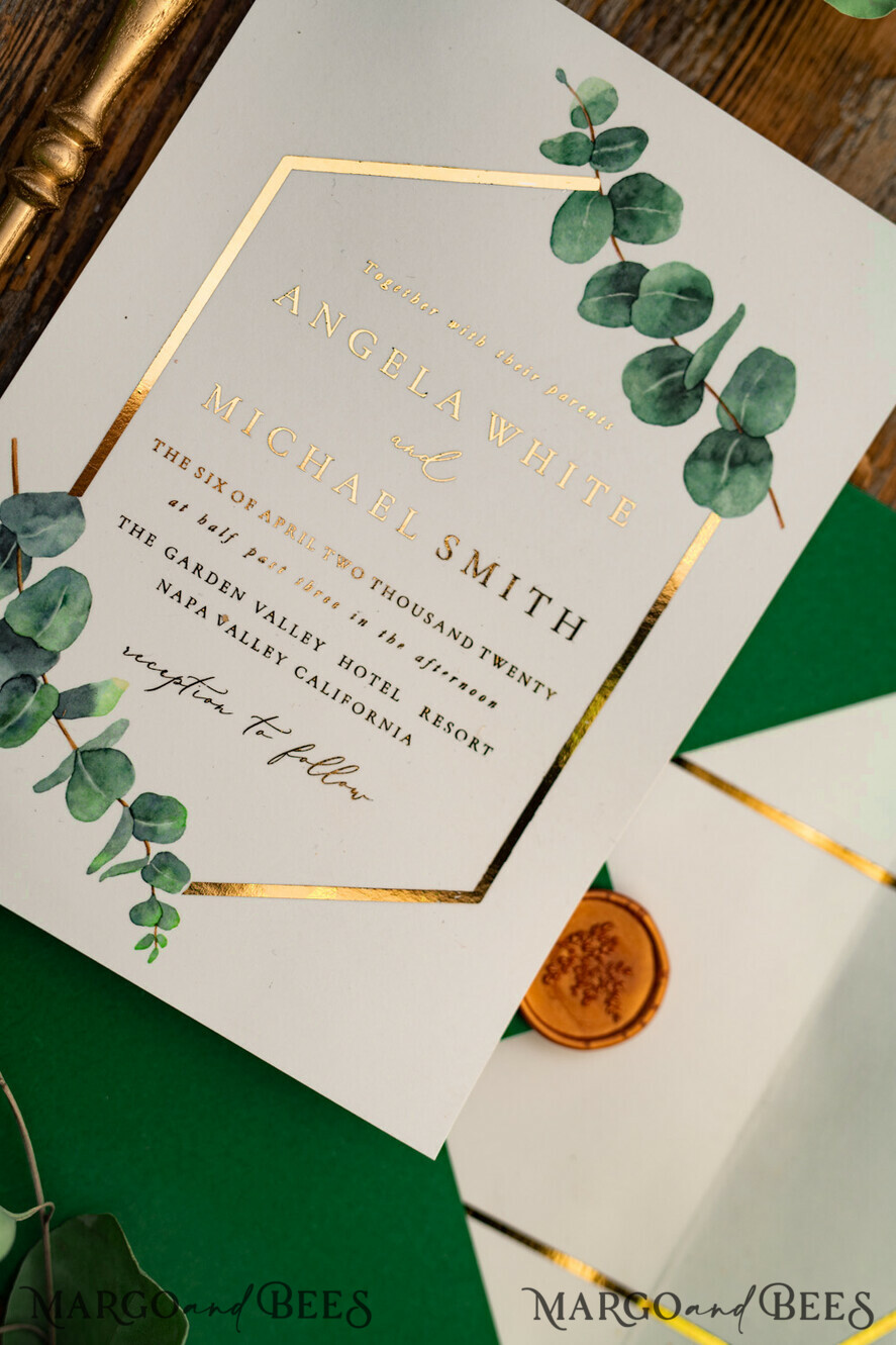 WEDDING INVITATIONS gold / rose gold / silver / glitter Elegant Eucalyptus Wedding Invitations, Glamour Golden Wedding Cards, Bespoke Greenery Gold Wedding Invites, Minimalistic Wedding Invitation Suite
