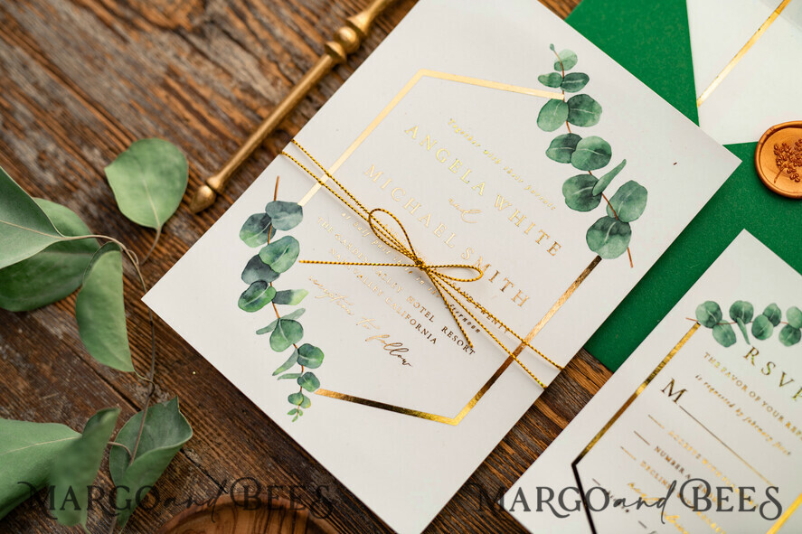 WEDDING INVITATIONS gold / rose gold / silver / glitter Elegant Eucalyptus Wedding Invitations, Glamour Golden Wedding Cards, Bespoke Greenery Gold Wedding Invites, Minimalistic Wedding Invitation Suite