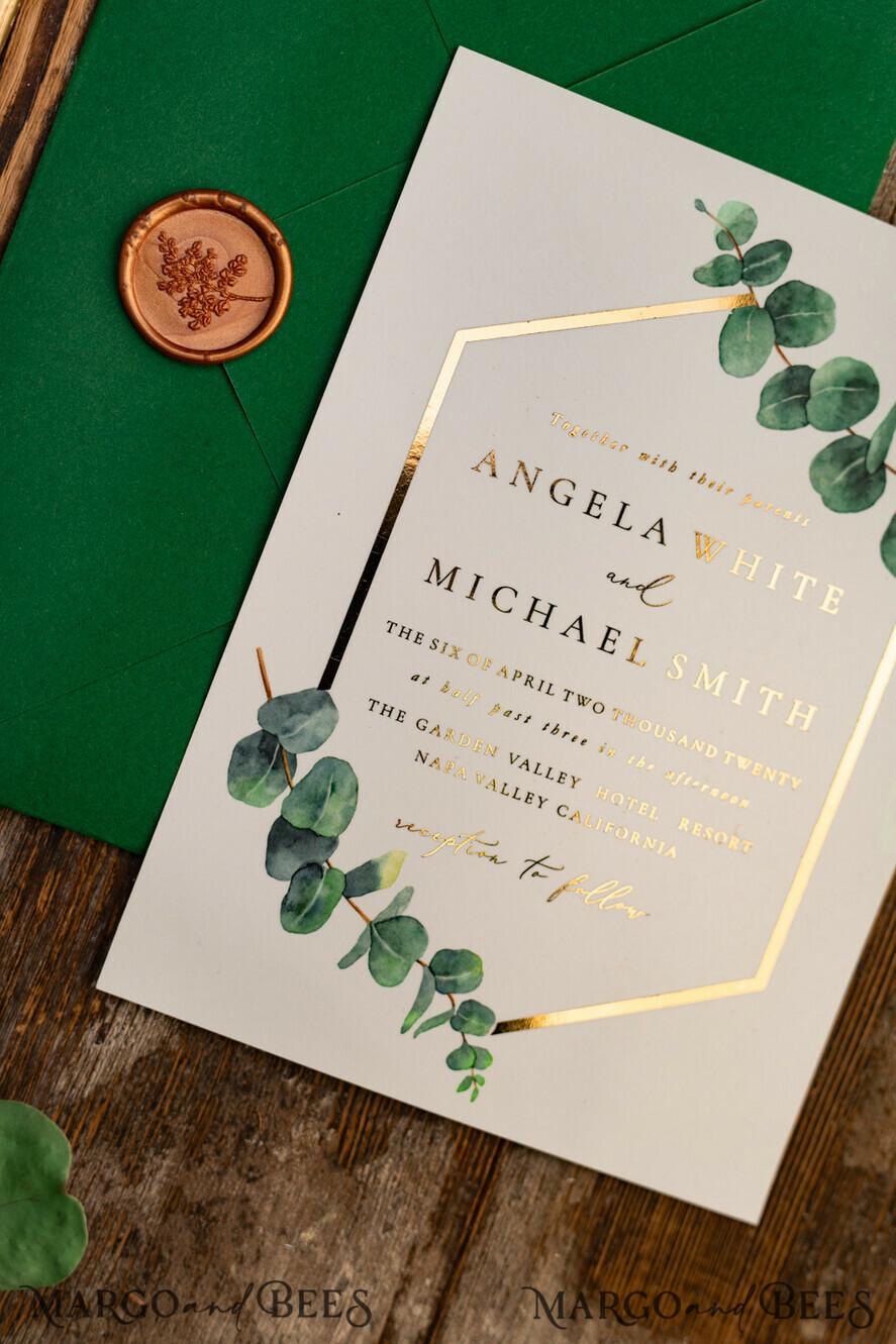 WEDDING INVITATIONS gold / rose gold / silver / glitter Elegant Eucalyptus Wedding Invitations, Glamour Golden Wedding Cards, Bespoke Greenery Gold Wedding Invites, Minimalistic Wedding Invitation Suite
