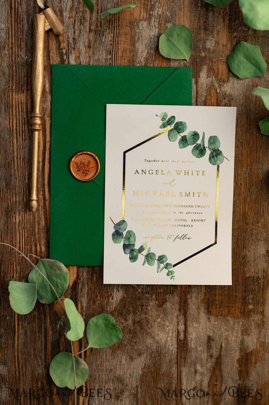 WEDDING INVITATIONS gold / rose gold / silver / glitter Elegant Eucalyptus Wedding Invitations, Glamour Golden Wedding Cards, Bespoke Greenery Gold Wedding Invites, Minimalistic Wedding Invitation Suite