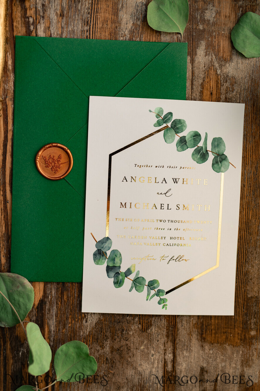 WEDDING INVITATIONS gold / rose gold / silver / glitter Elegant Eucalyptus Wedding Invitations, Glamour Golden Wedding Cards, Bespoke Greenery Gold Wedding Invites, Minimalistic Wedding Invitation Suite