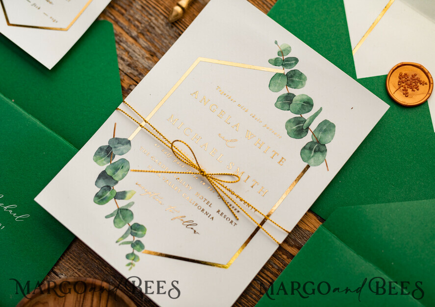 WEDDING INVITATIONS gold / rose gold / silver / glitter Elegant Eucalyptus Wedding Invitations, Glamour Golden Wedding Cards, Bespoke Greenery Gold Wedding Invites, Minimalistic Wedding Invitation Suite