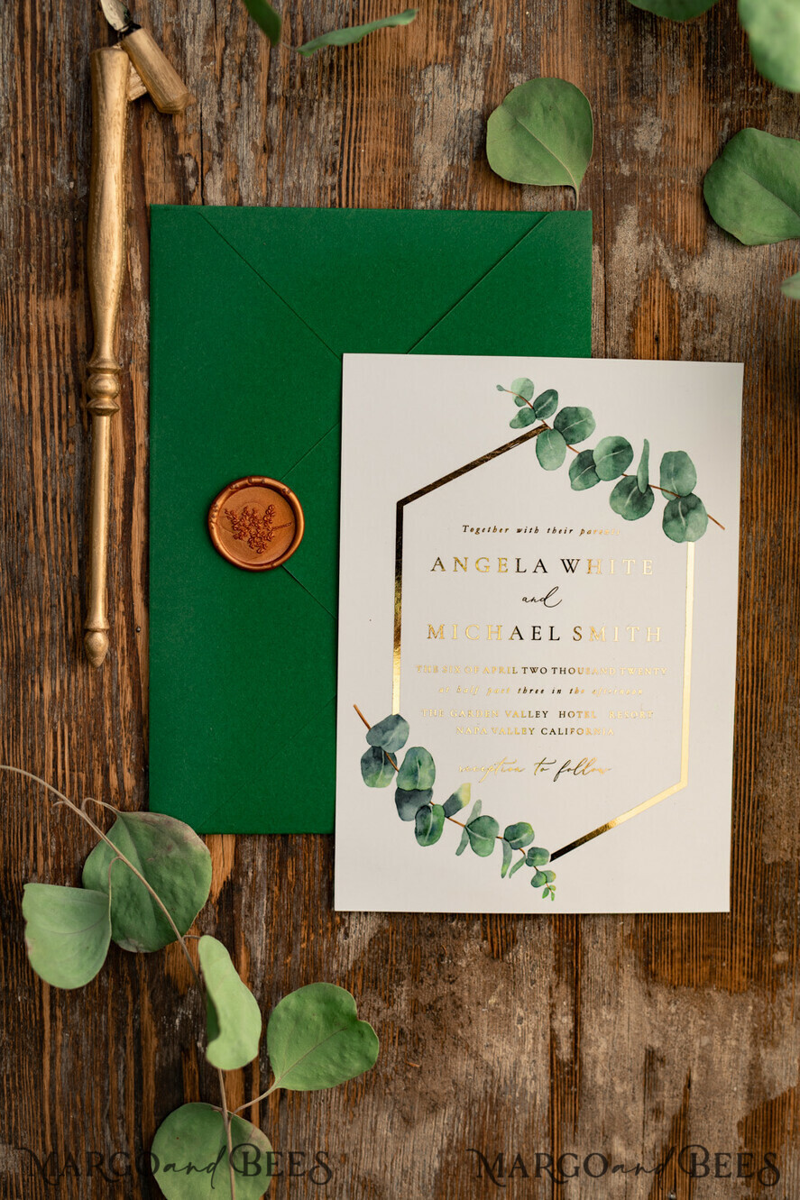 WEDDING INVITATIONS gold / rose gold / silver / glitter Elegant Eucalyptus Wedding Invitations, Glamour Golden Wedding Cards, Bespoke Greenery Gold Wedding Invites, Minimalistic Wedding Invitation Suite