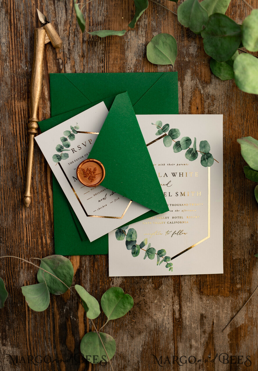 WEDDING INVITATIONS gold / rose gold / silver / glitter Elegant Eucalyptus Wedding Invitations, Glamour Golden Wedding Cards, Bespoke Greenery Gold Wedding Invites, Minimalistic Wedding Invitation Suite