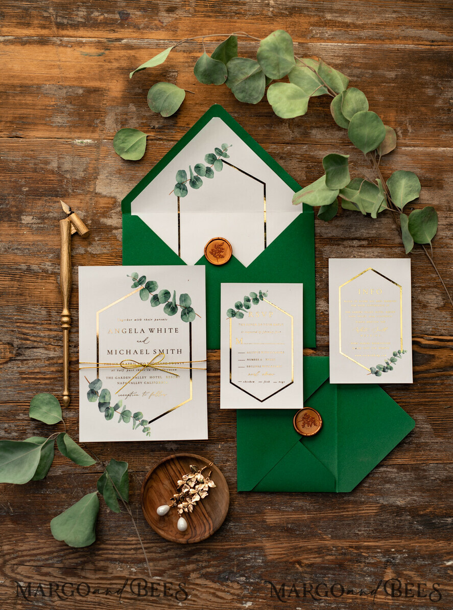 WEDDING INVITATIONS gold / rose gold / silver / glitter Elegant Eucalyptus Wedding Invitations, Glamour Golden Wedding Cards, Bespoke Greenery Gold Wedding Invites, Minimalistic Wedding Invitation Suite