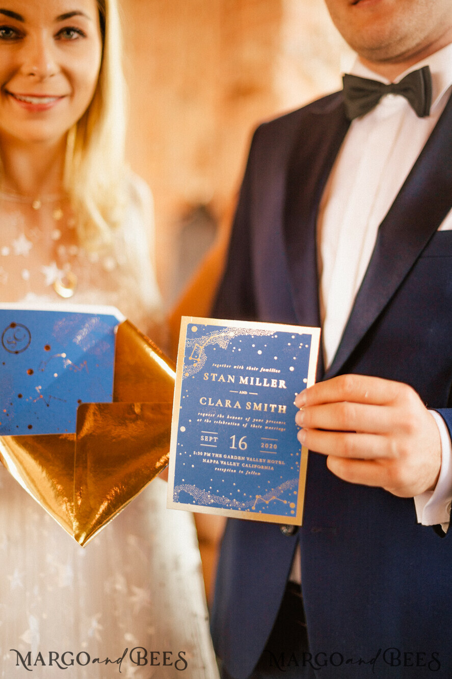 WEDDING INVITATIONS gold / rose gold / silver / glitter Luxury Golden Shine Wedding Invitations, Royal Navy Blue Wedding Invites, Glamour Gold Foil Wedding Cards, Elegant, Bespoke Galaxy Wedding Invitation Suite