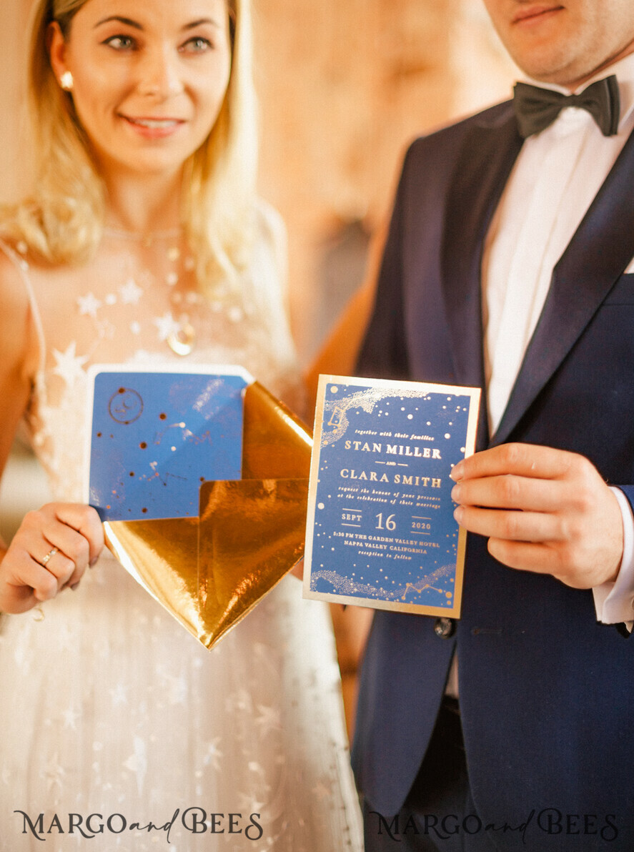 WEDDING INVITATIONS gold / rose gold / silver / glitter Luxury Golden Shine Wedding Invitations, Royal Navy Blue Wedding Invites, Glamour Gold Foil Wedding Cards, Elegant, Bespoke Galaxy Wedding Invitation Suite
