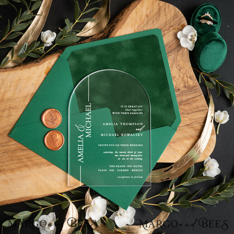 WEDDING INVITATIONS gold / rose gold / silver / glitter Green Arch Wedding invitations, Luxury Pocket Velvet Wedding Invitations • Glamour Gold Wedding Invitation Suite • Acrylic Greenery Wedding Cards