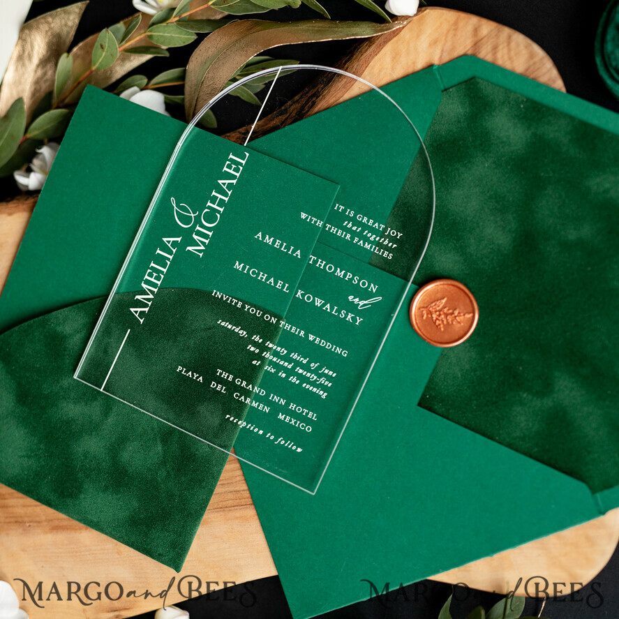 WEDDING INVITATIONS gold / rose gold / silver / glitter Green Arch Wedding invitations, Luxury Pocket Velvet Wedding Invitations • Glamour Gold Wedding Invitation Suite • Acrylic Greenery Wedding Cards