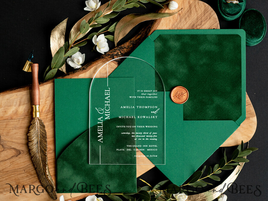 WEDDING INVITATIONS gold / rose gold / silver / glitter Green Arch Wedding invitations, Luxury Pocket Velvet Wedding Invitations • Glamour Gold Wedding Invitation Suite • Acrylic Greenery Wedding Cards