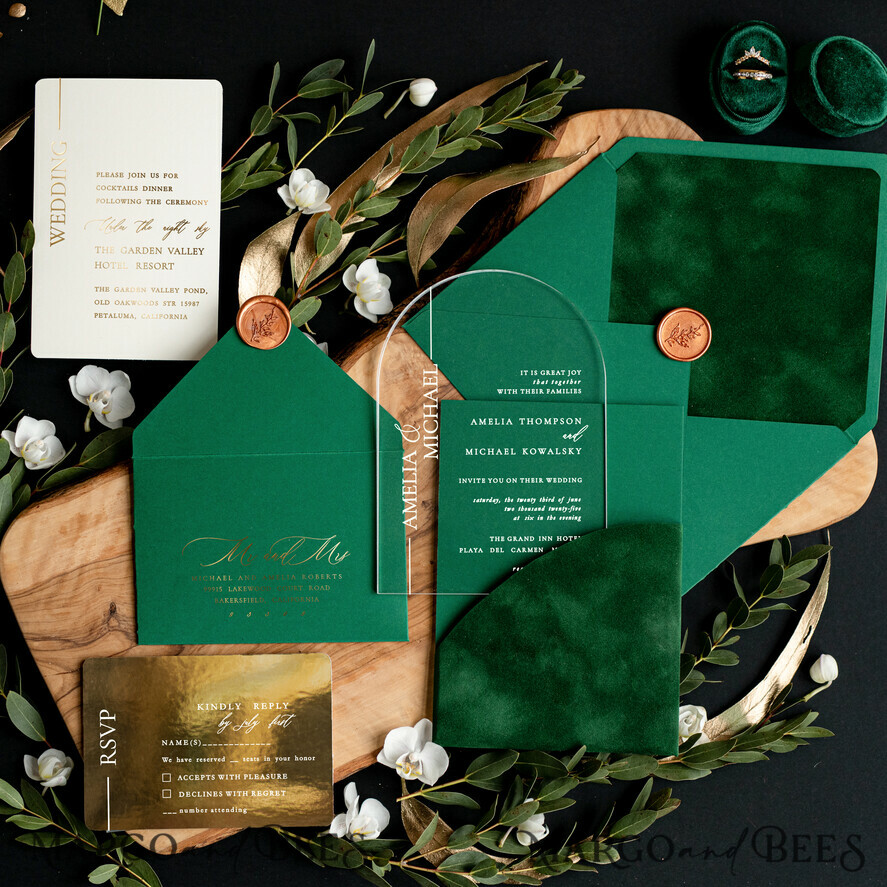 WEDDING INVITATIONS gold / rose gold / silver / glitter Green Arch Wedding invitations, Luxury Pocket Velvet Wedding Invitations • Glamour Gold Wedding Invitation Suite • Acrylic Greenery Wedding Cards