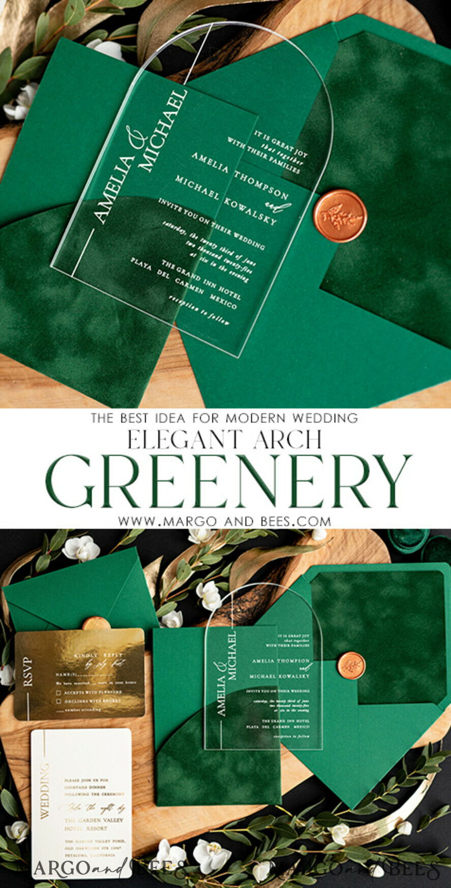 WEDDING INVITATIONS gold / rose gold / silver / glitter Green Arch Wedding invitations, Luxury Pocket Velvet Wedding Invitations • Glamour Gold Wedding Invitation Suite • Acrylic Greenery Wedding Cards