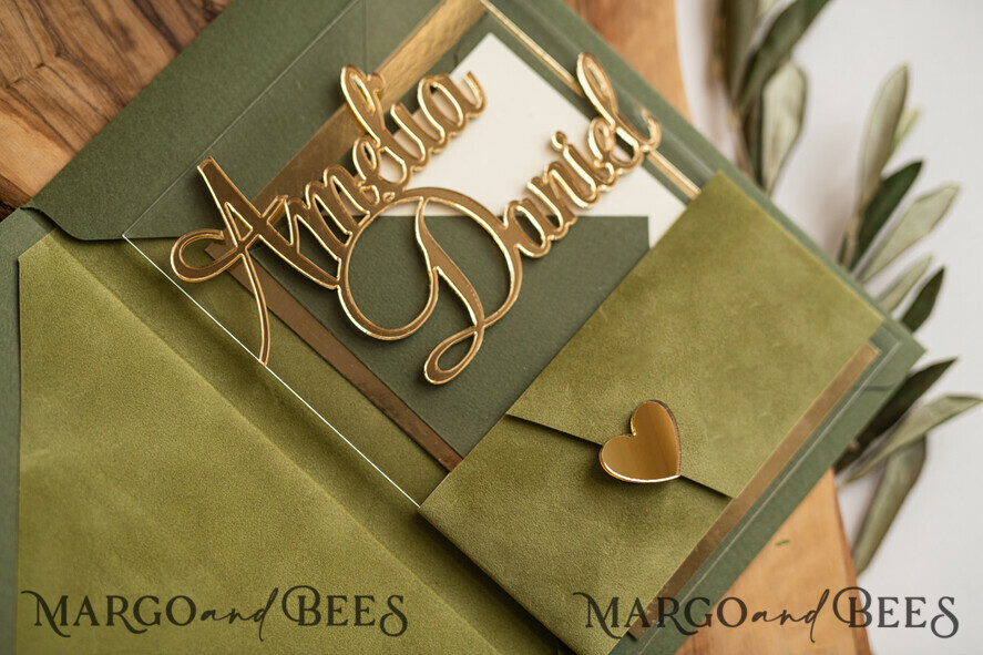 WEDDING INVITATIONS gold / rose gold / silver / glitter Handmade wedding invitation, Glamor Acrylic Wedding Invitations, olive green Velvet Wedding Invitation Suite • Luxury Wedding Cards