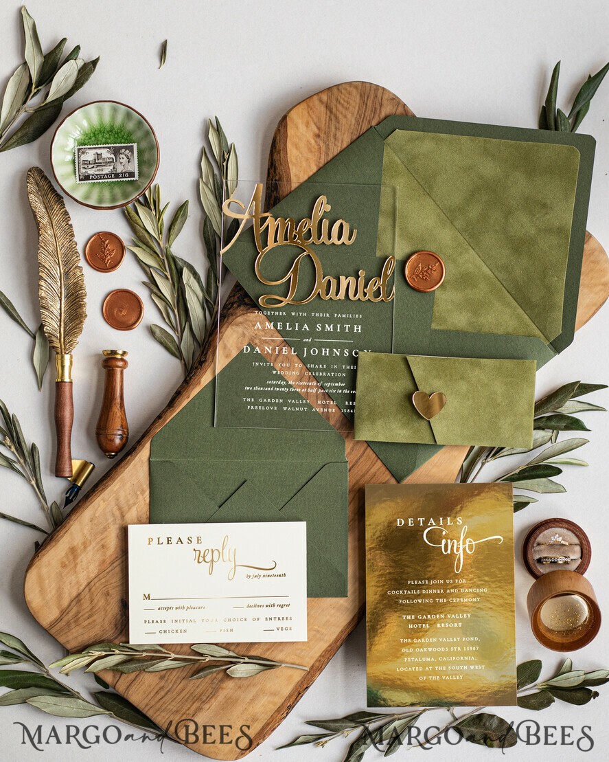 WEDDING INVITATIONS gold / rose gold / silver / glitter Handmade wedding invitation, Glamor Acrylic Wedding Invitations, olive green Velvet Wedding Invitation Suite • Luxury Wedding Cards