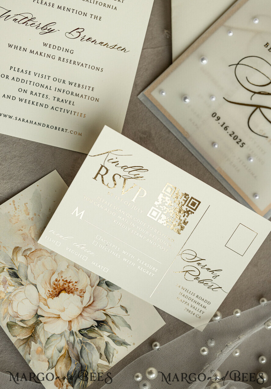 WEDDING INVITATIONS gold / rose gold / silver / glitter Ecru Chiffon bow beaded bespoke Elegant Ivory Gold Wedding Invitation Suite, White Perls Golden Wedding Cards, Elegant golden folder Wedding Stationery, Vellum etui with monogram