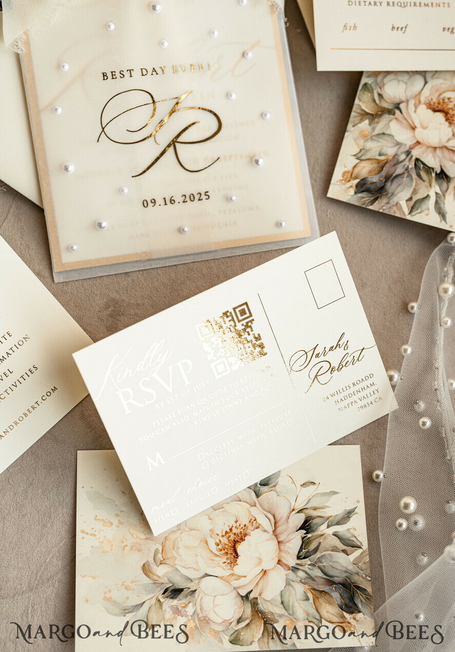 WEDDING INVITATIONS gold / rose gold / silver / glitter Ecru Chiffon bow beaded bespoke Elegant Ivory Gold Wedding Invitation Suite, White Perls Golden Wedding Cards, Elegant golden folder Wedding Stationery, Vellum etui with monogram