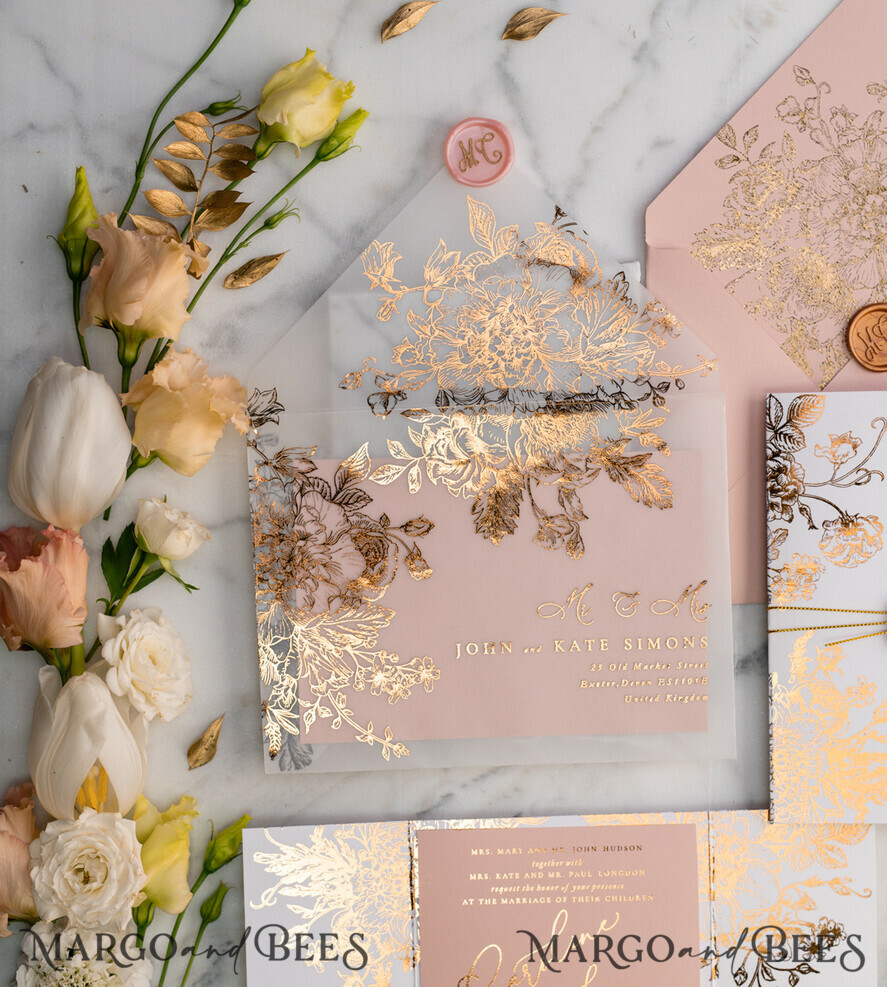 WEDDING INVITATIONS gold / rose gold / silver / glitter Luxury Arabic Gold Foil Wedding Invitations, Glamour Golden Shine Wedding Invites, Romantic Blush Pink Wedding Cards, Elegant Indian Wedding Invitation Suite