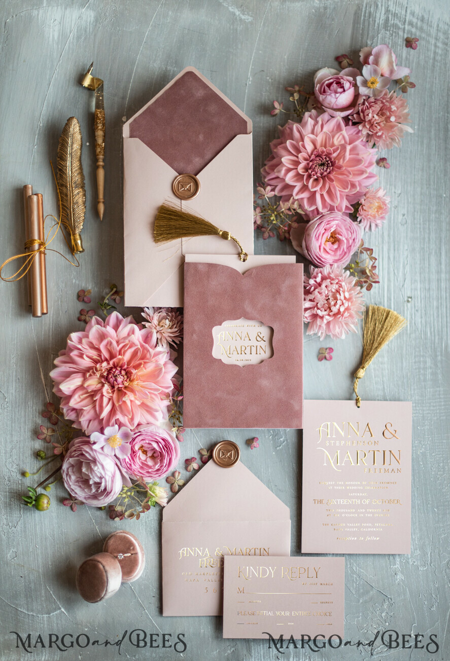 WEDDING INVITATIONS gold / rose gold / silver / glitter Glamour Pink Velvet Wedding Invitations, Luxury Golden Tassel Wedding Invitation Suite, Romantic Blush Pink Arabic Wedding Cards, Elegant Golden Shine Wedding Invites