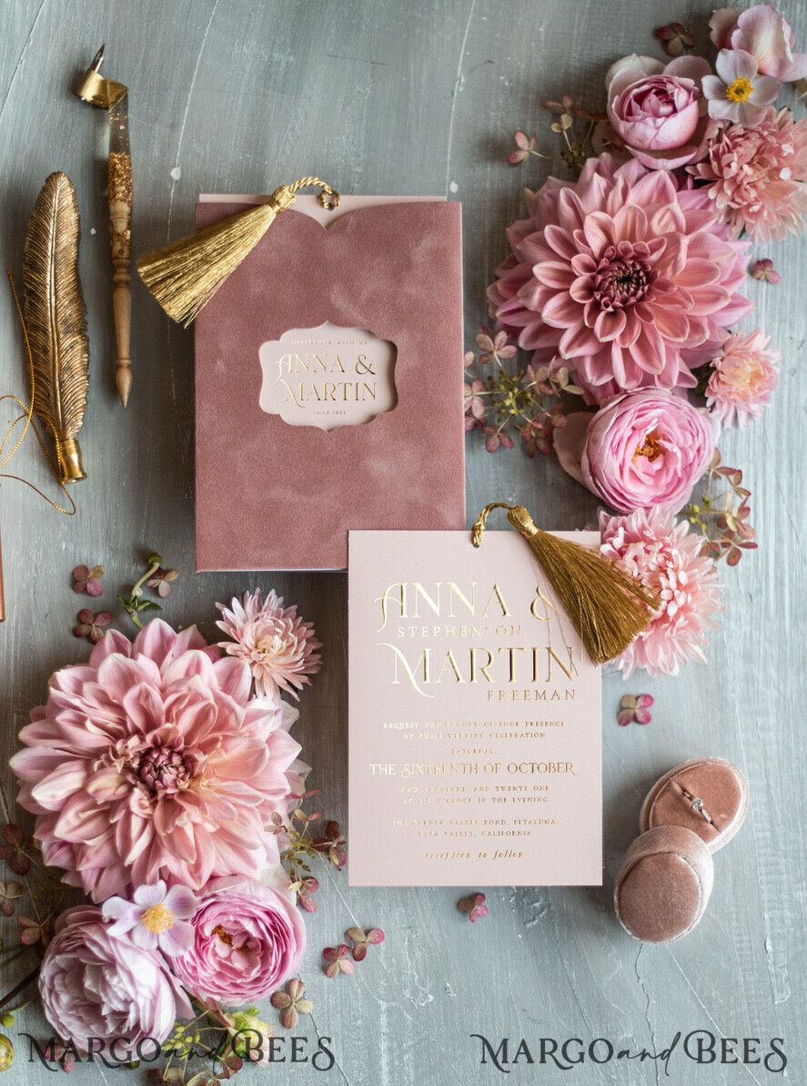 WEDDING INVITATIONS gold / rose gold / silver / glitter Glamour Pink Velvet Wedding Invitations, Luxury Golden Tassel Wedding Invitation Suite, Romantic Blush Pink Arabic Wedding Cards, Elegant Golden Shine Wedding Invites